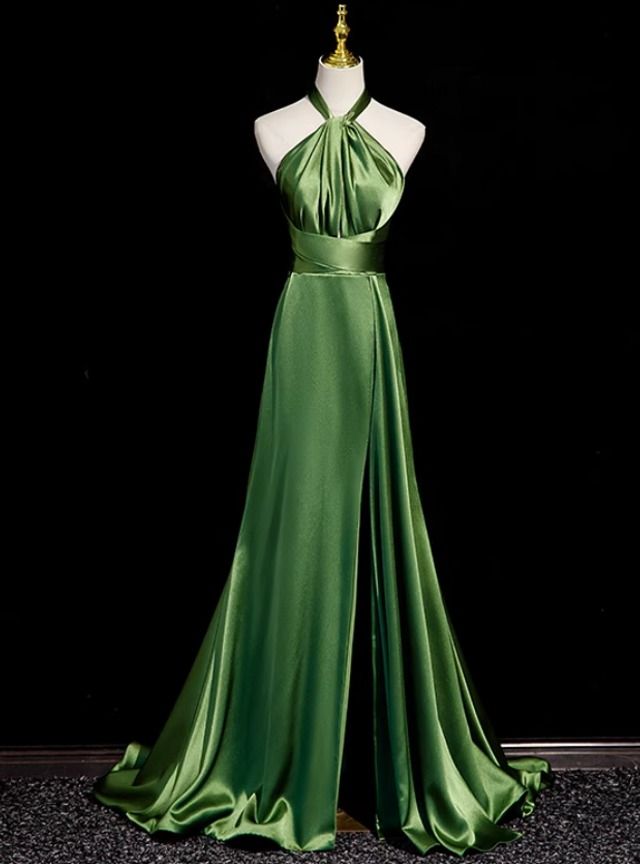 Sexy A line Green Satin Halter Backless Prom Dress Prom Dress