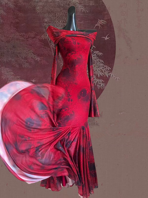 Vintage Mermaid Off The Shoulder Red Floral Holiday Dress Birthday Dresses Birthday Outfits