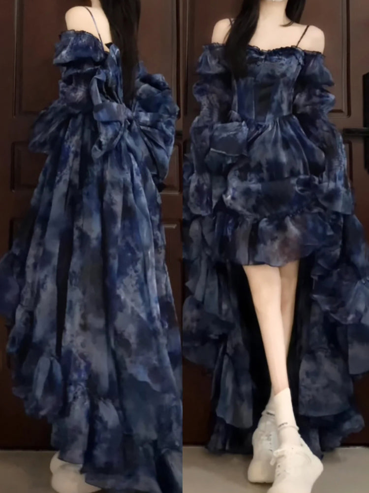 Vintage High Low Off The Shoulder Blue Floral Holiday Dress Birthday Dresses Birthday Outfits