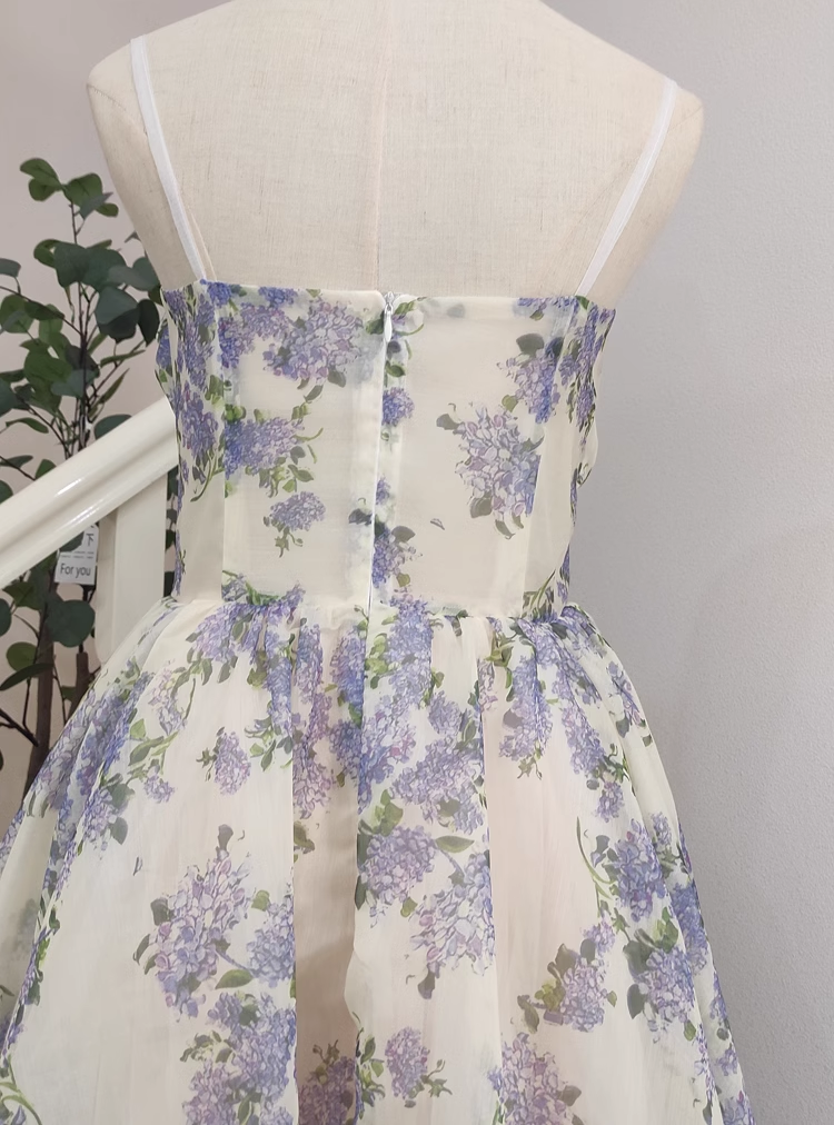 Cute A line Spaghetti Straps Lilac Floral Travel Vacation Women Dress Tea Length Birthday Outfits