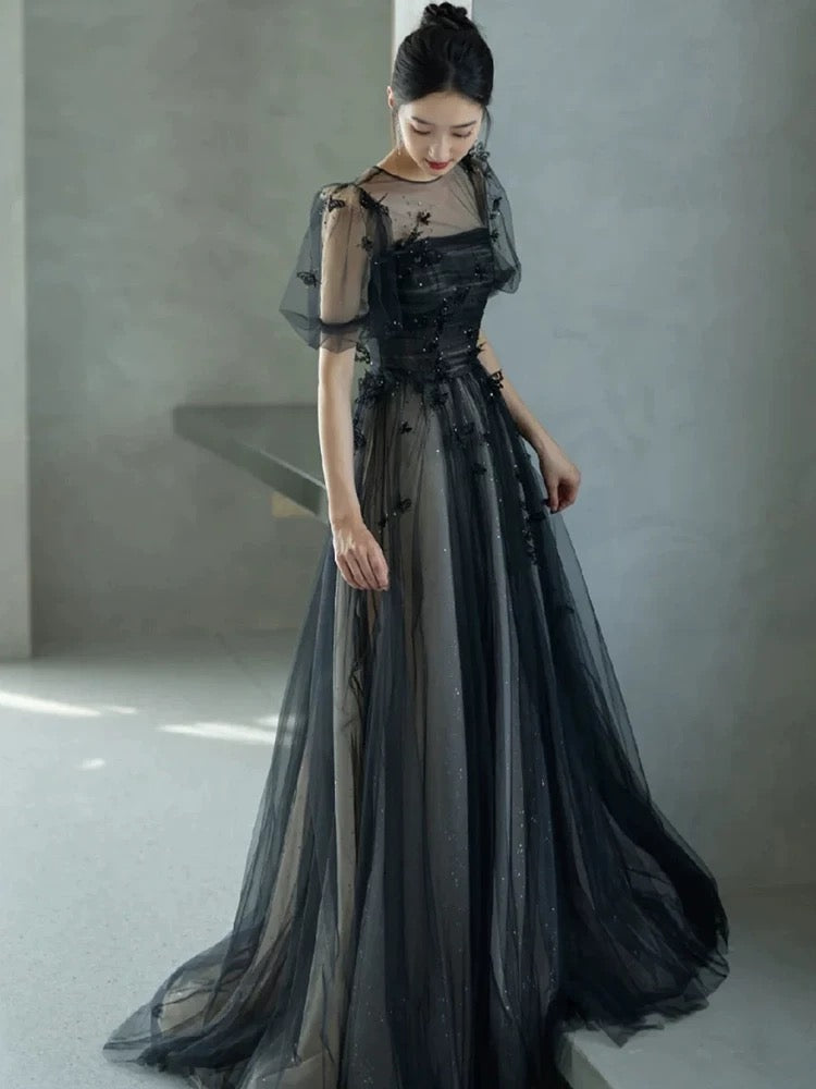 A-Line Puff Sleeves Tulle Long Prom Dress Black Formal Evening Dress