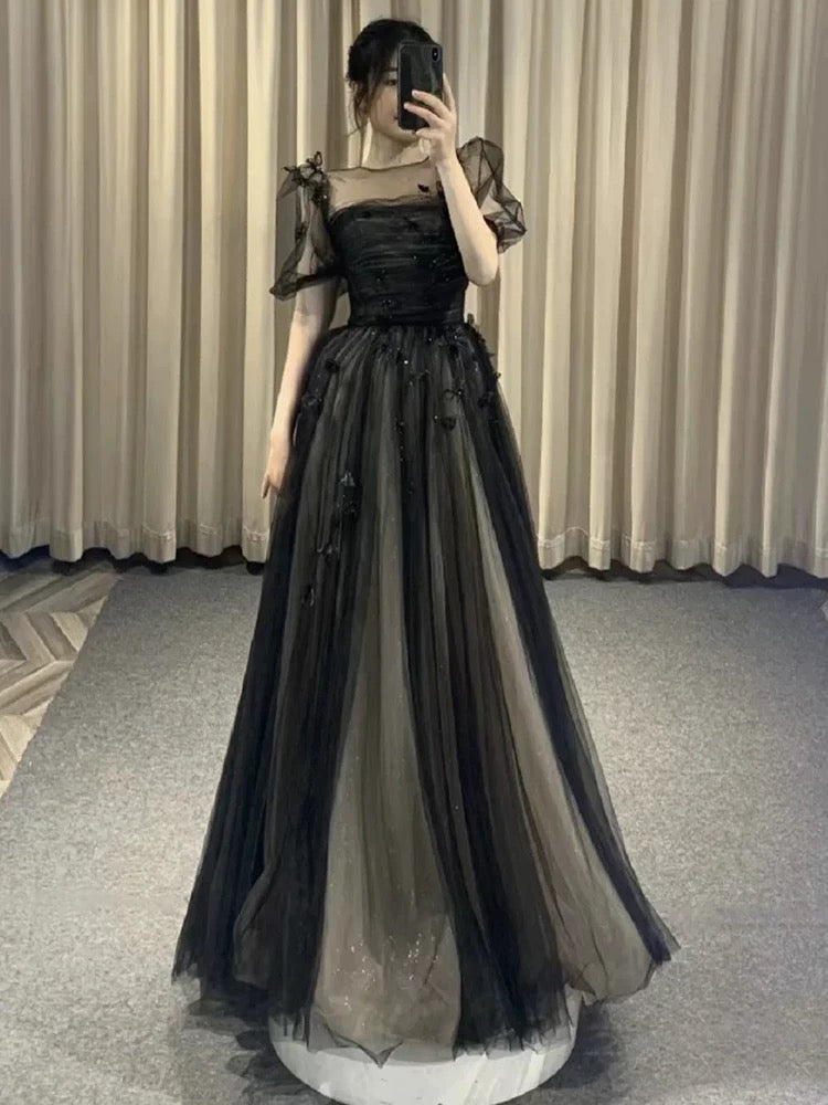 A-Line Puff Sleeves Tulle Long Prom Dress Black Formal Evening Dress