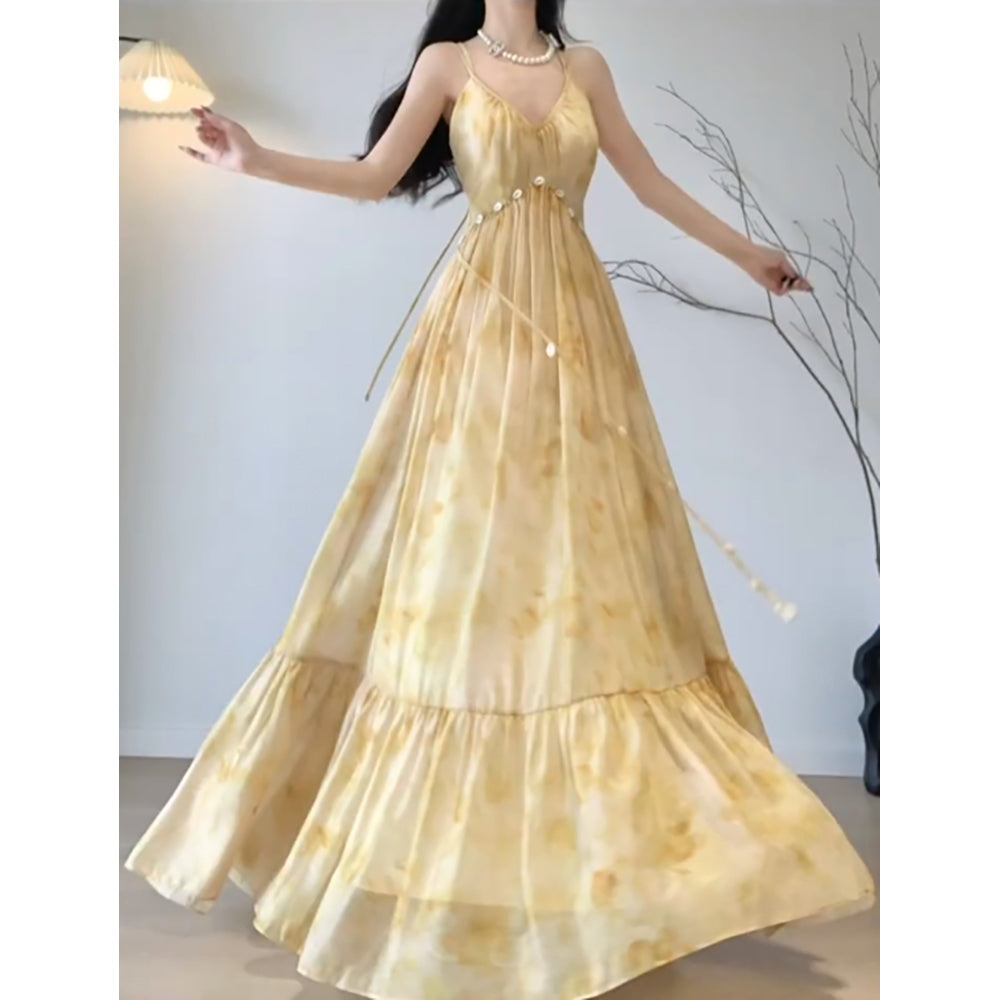 Vintage A line Spaghetti Straps Yellow Floral Holiday Dress Birthday Dresses Birthday Outfits