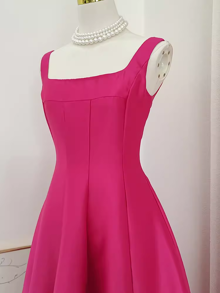 Cute A line Straps Hot Pink Vacation Dress Satin Women Summer Dresses