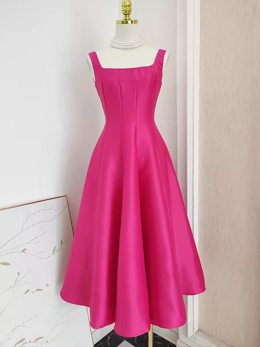 Cute A line Straps Hot Pink Vacation Dress Satin Women Summer Dresses