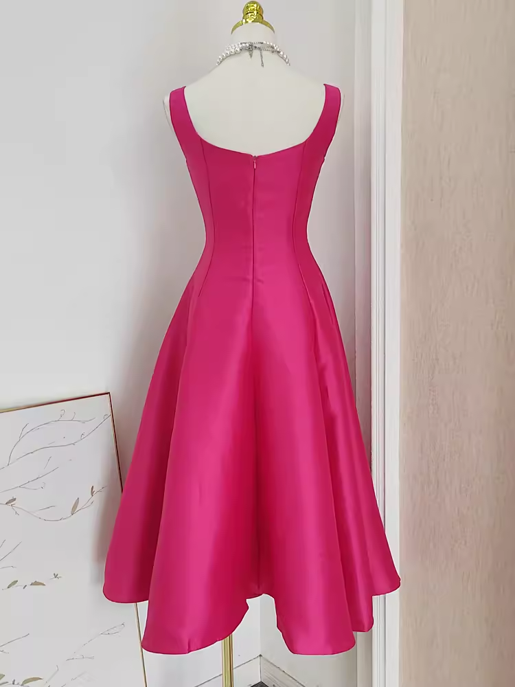 Cute A line Straps Hot Pink Vacation Dress Satin Women Summer Dresses