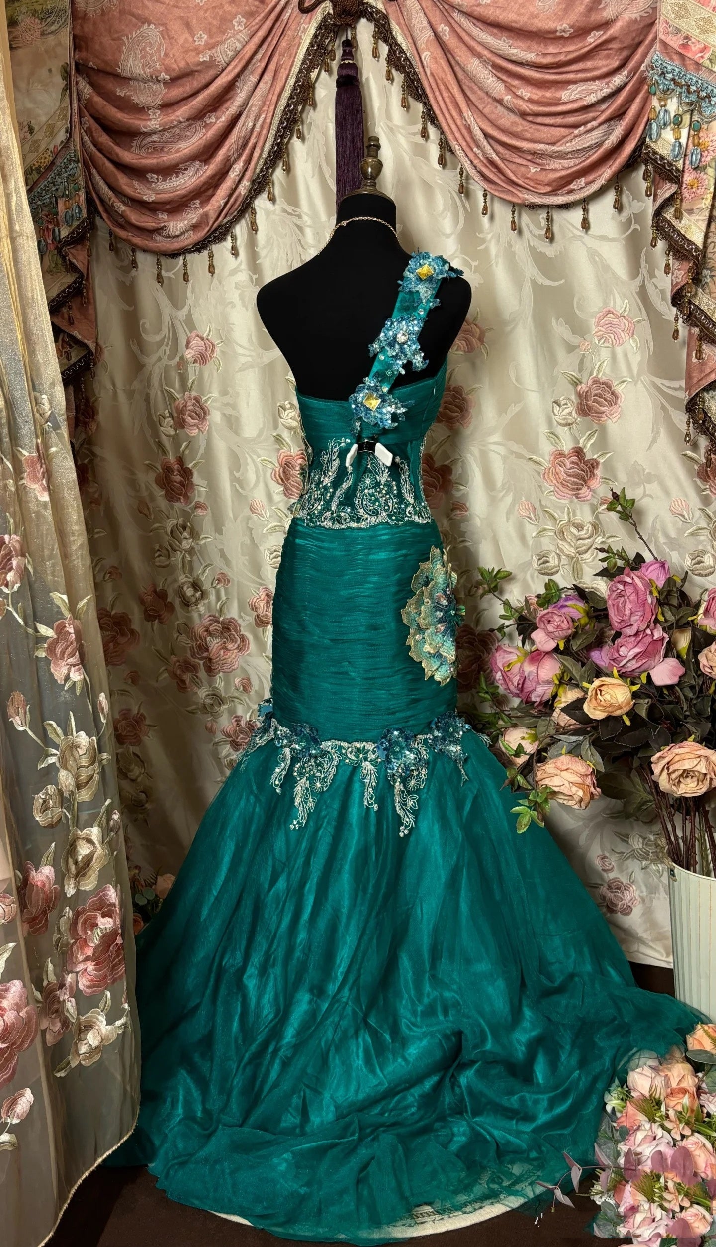 Retro Mermaid One Shoulder Tulle Green Long Party Dress Prom Dresses