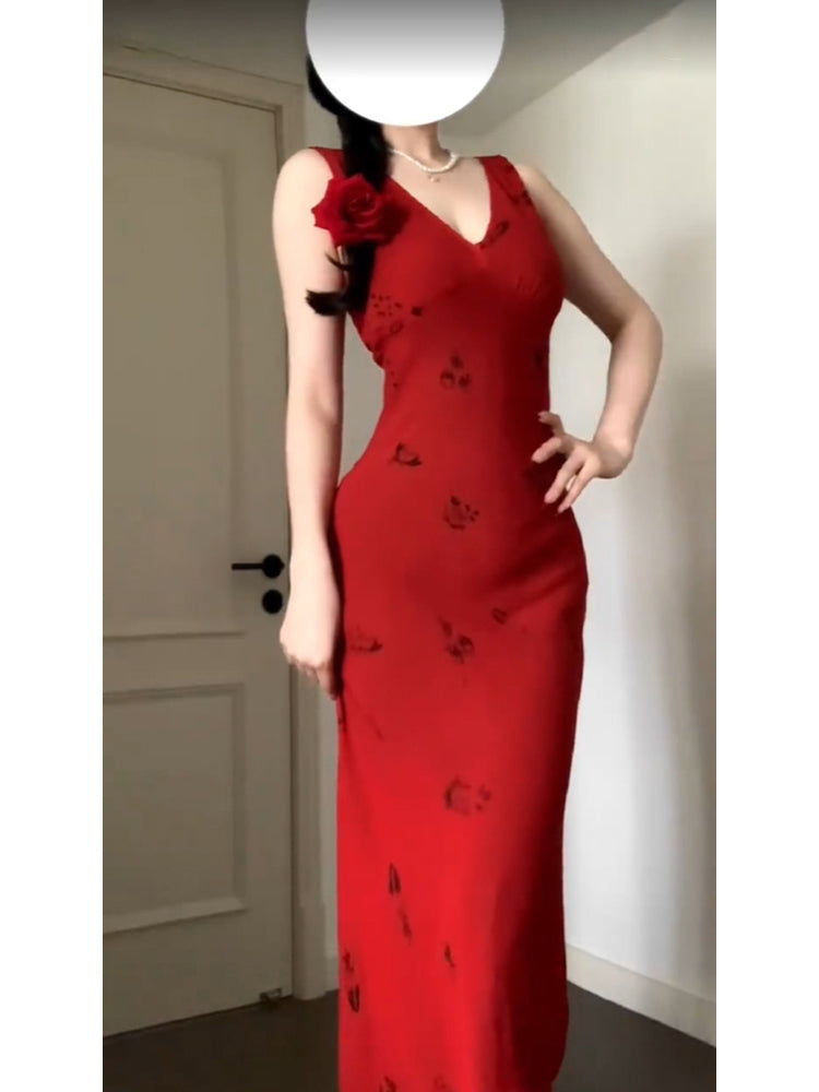 Vintage Sheath V Neckline Red Holiday Dress Birthday Dresses Birthday Outfits