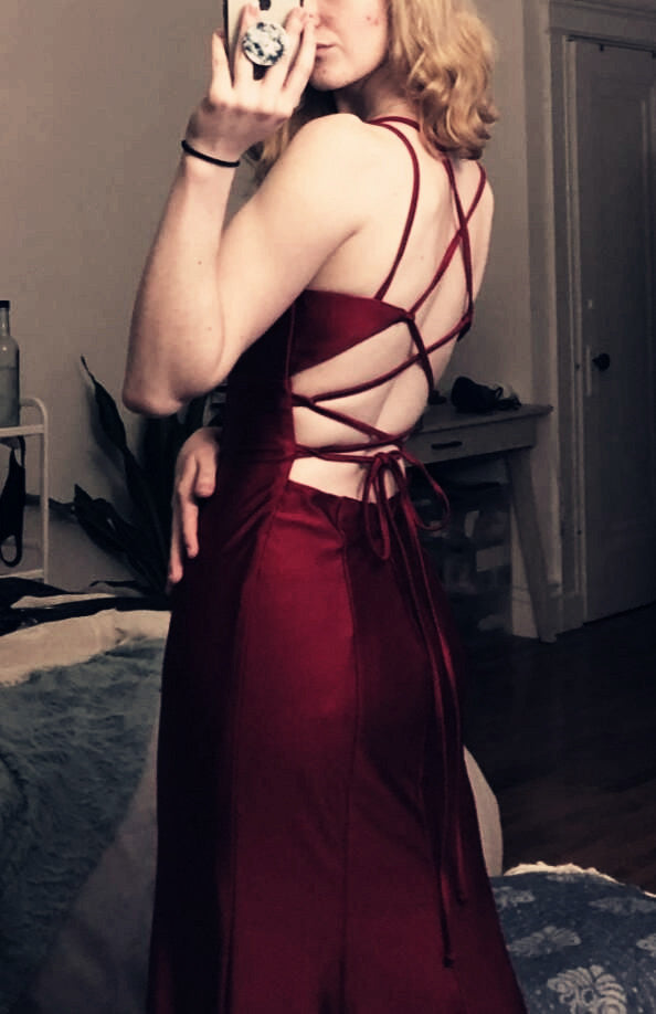 Spaghetti Straps Mermaid Burgundy Backless Satin Long Prom Dresses