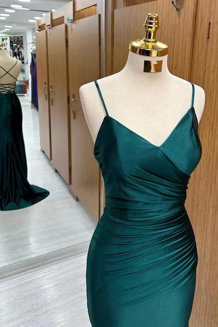 Sexy Mermaid Spaghetti Straps Green Satin Prom Dresses Long Party Dress