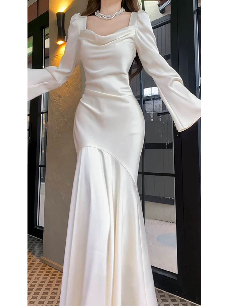 Sexy Mermaid Long Sleeves Ankle Length White Prom Dresses Party Dress