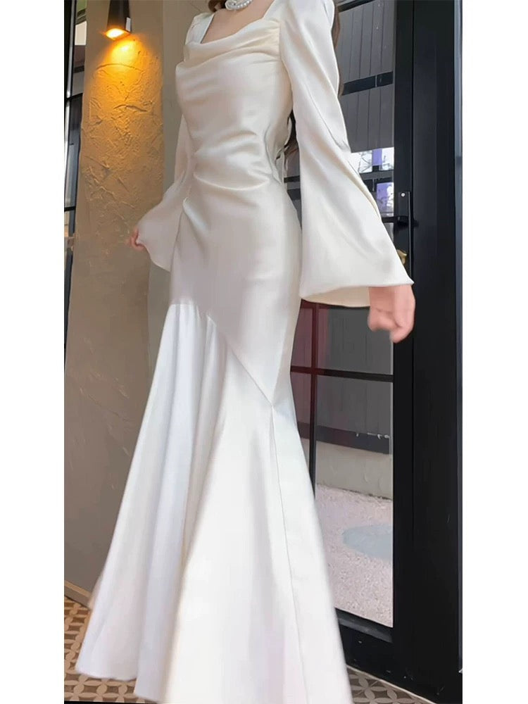Sexy Mermaid Long Sleeves Ankle Length White Prom Dresses Party Dress