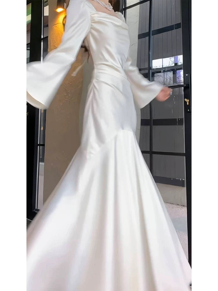 Sexy Mermaid Long Sleeves Ankle Length White Prom Dresses Party Dress