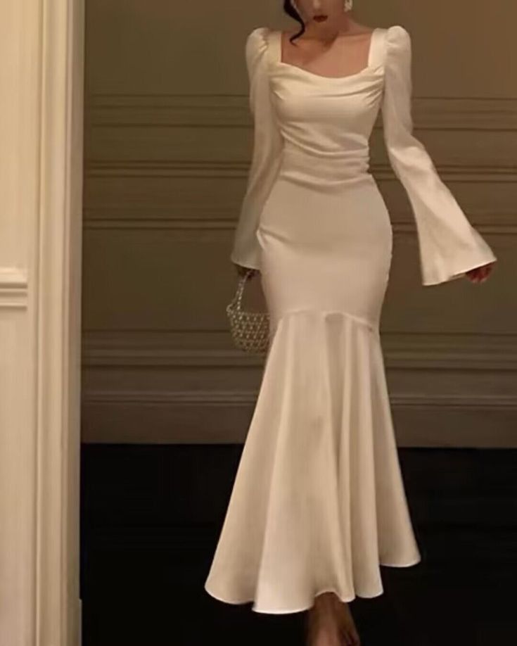 Sexy Mermaid Long Sleeves Ankle Length White Prom Dresses Party Dress