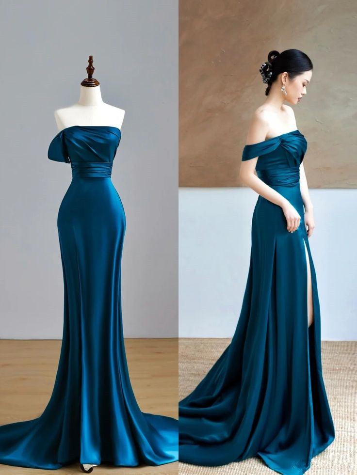 Sexy Mermaid Strapless Satin Slit Long Prom Dresses Party Dress