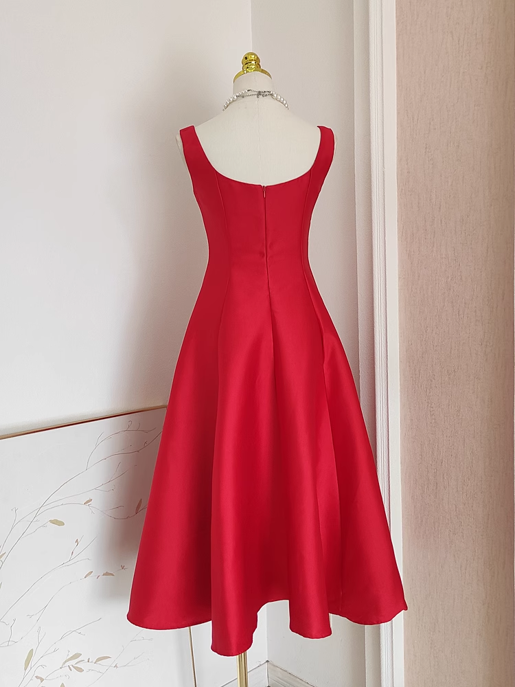 Cute A line Straps Red Vacation Dress Satin Women Summer Dresses