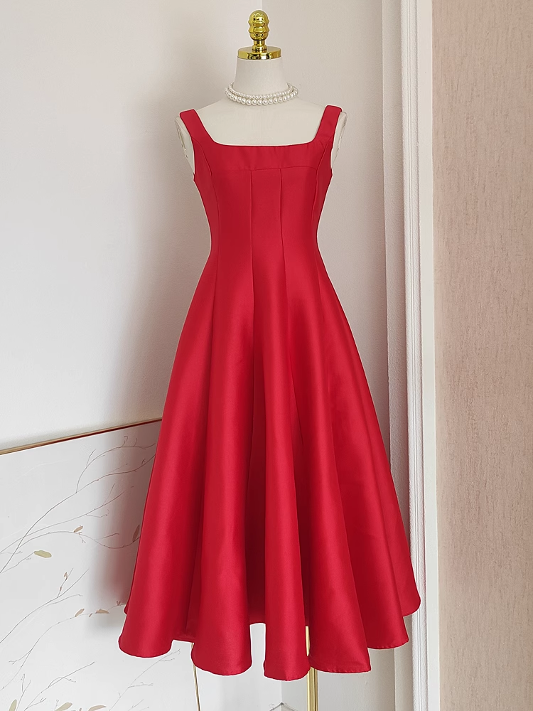 Cute A line Straps Red Vacation Dress Satin Women Summer Dresses