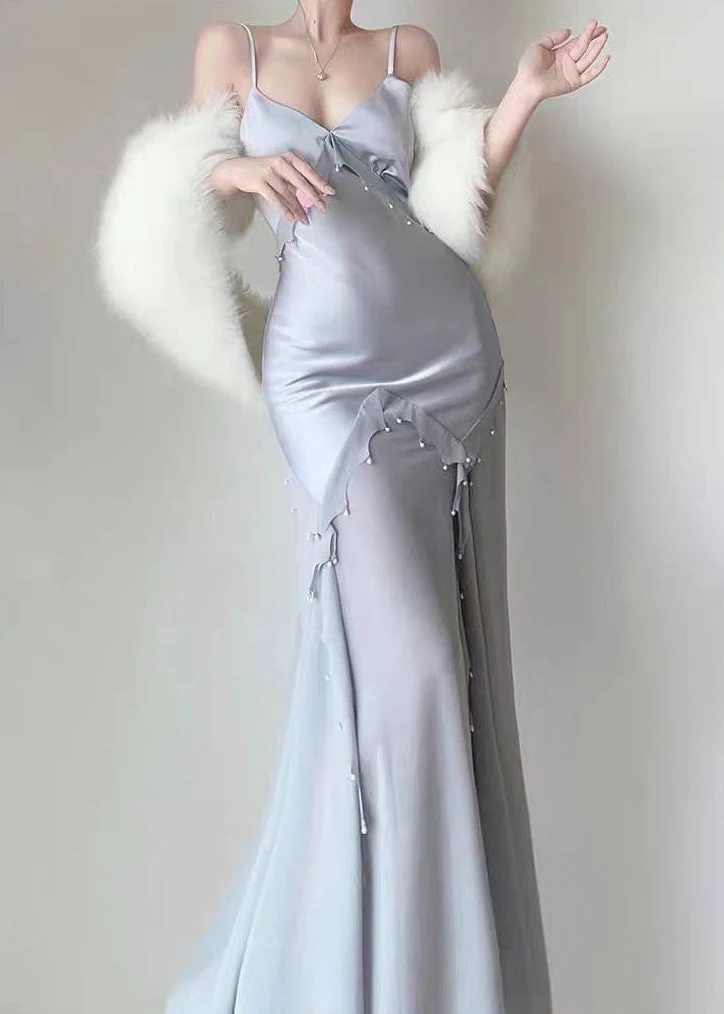 Retro Mermaid Straps Satin Blue Long Prom Dresses Party Dress