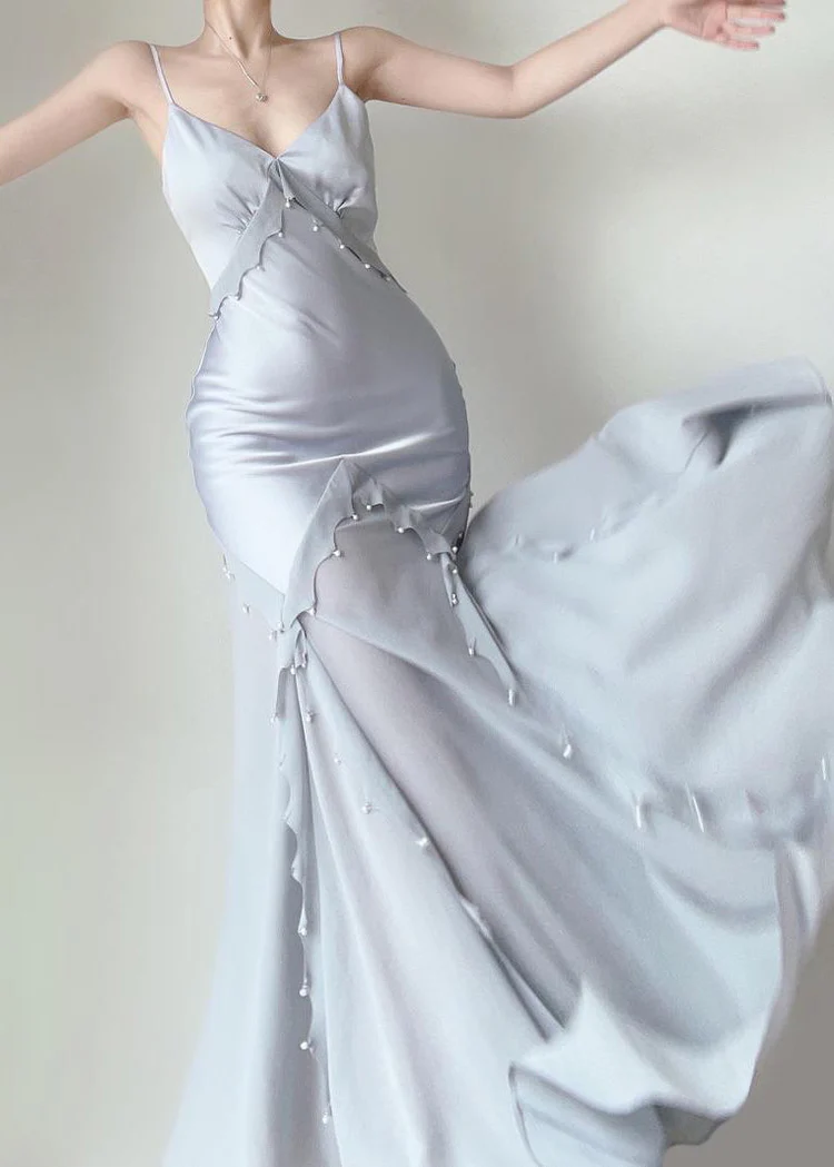 Retro Mermaid Straps Satin Blue Long Prom Dresses Party Dress