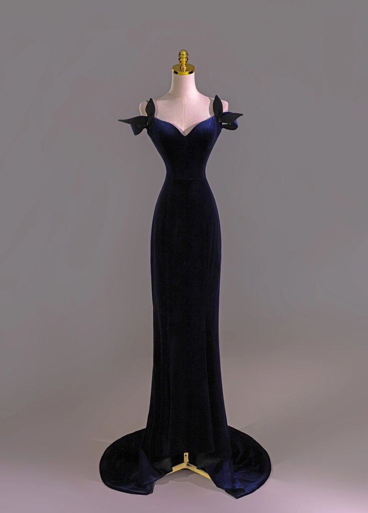 Classy Mermaid Straps Navy Blue Velvet Long Prom Dresses Party Dress