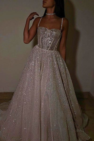 Sexy A Line Spaghetti Straps Sequin Silver Long Prom Dresses Party Dress