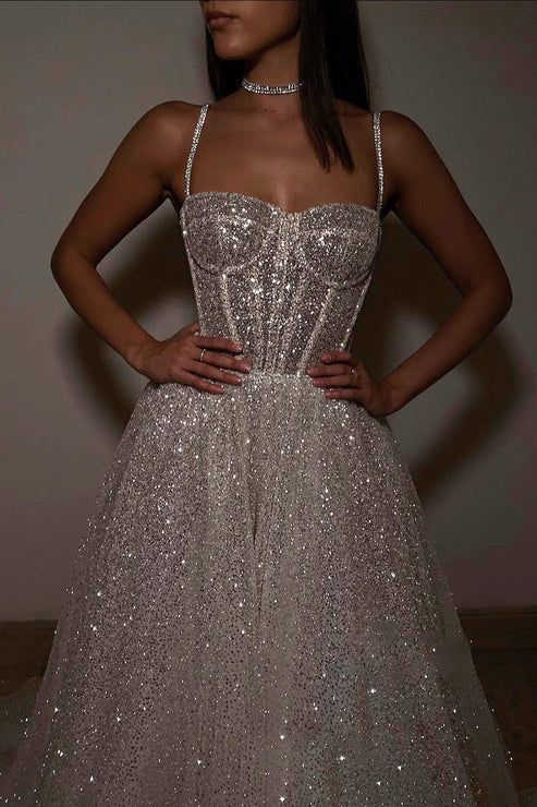 Sexy A Line Spaghetti Straps Sequin Silver Long Prom Dresses Party Dress