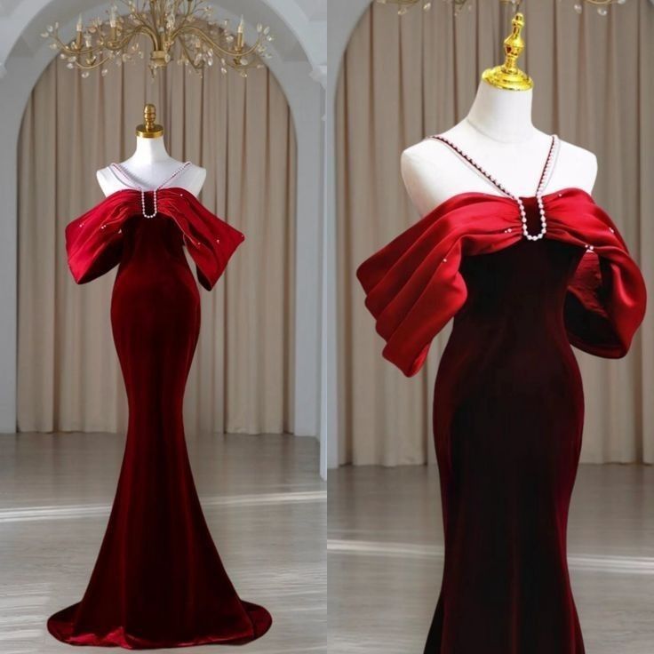 Pretty Mermaid Off The Shoulder Burgundy Velvet Long Prom Dresses Party Dress