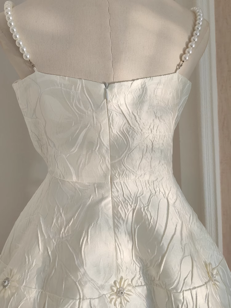Cute A line Spaghetti Straps White Pearls Women Dress Short Birthday Outfits
