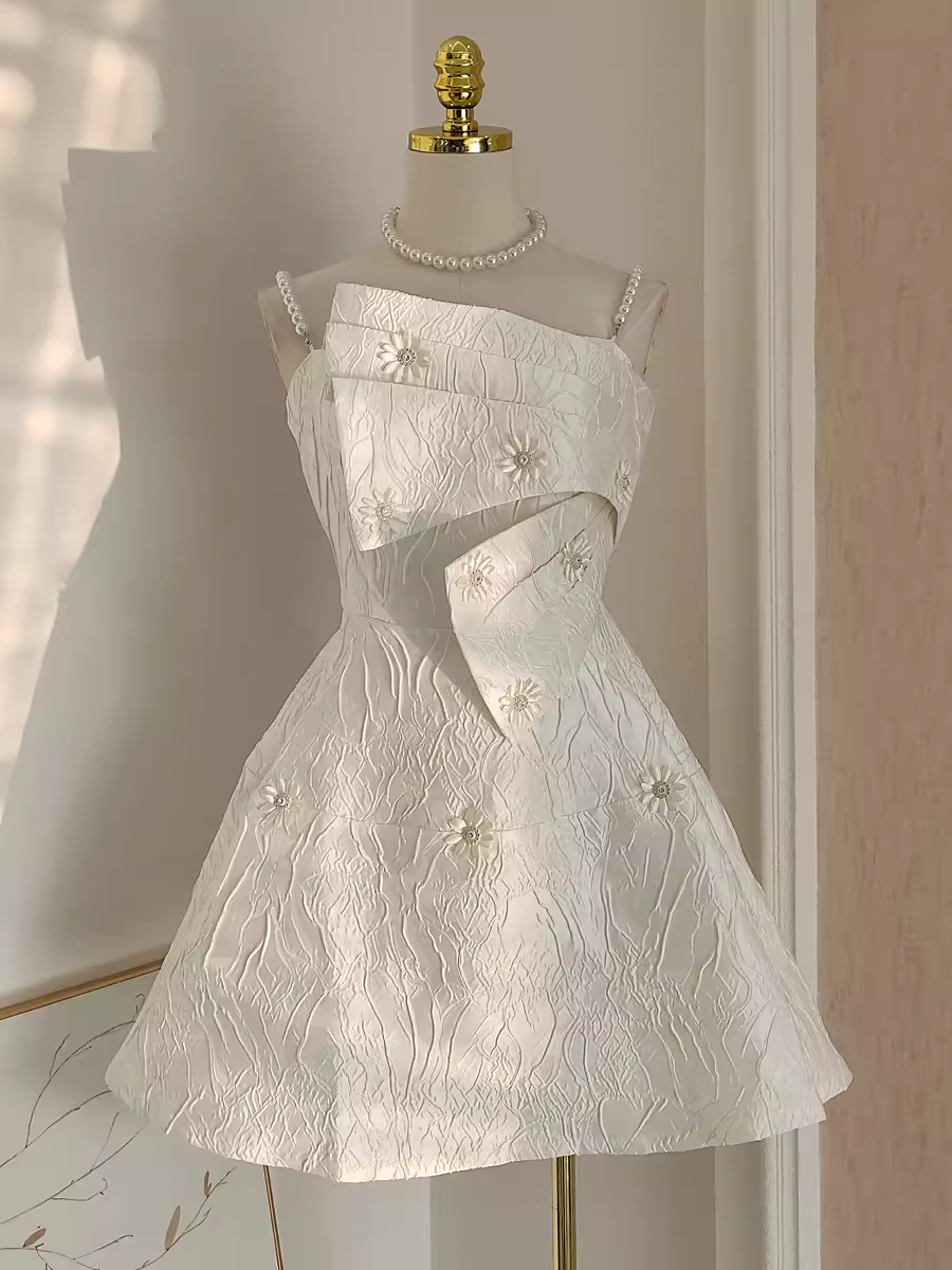 Cute A line Spaghetti Straps White Pearls Women Dress Short Birthday Outfits