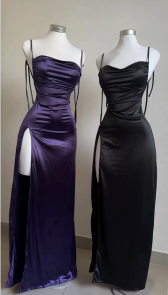 Pretty Sheath Spaghetti Straps Floor Length Ruffles Grape Slit Prom Dresses