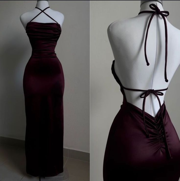 Pretty Sheath Spaghetti Straps Floor Length Ruffles Backless Burgundy Prom Dresses