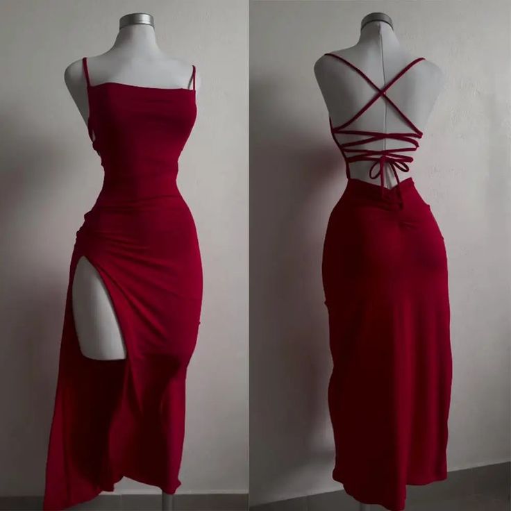 Pretty Sheath Spaghetti Straps Tea Length Backless Red Prom Dresses