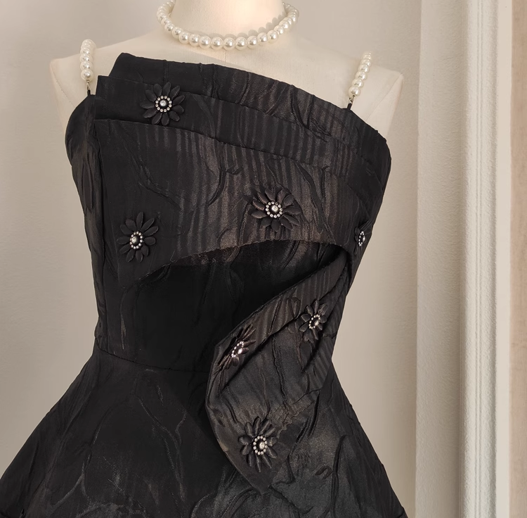 Cute A line Spaghetti Straps Black Pearls Women Dress Short Birthday Outfits