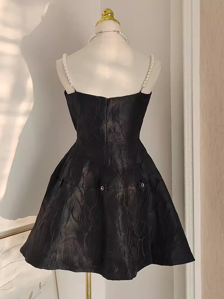 Cute A line Spaghetti Straps Black Pearls Women Dress Short Birthday Outfits