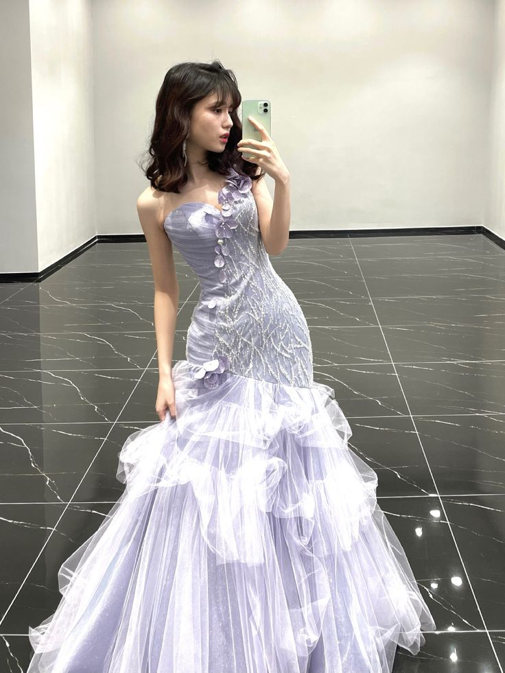 Vintage Mermaid One Shoulder Lilac Tulle Satin Long Prom Dresses Party Dress