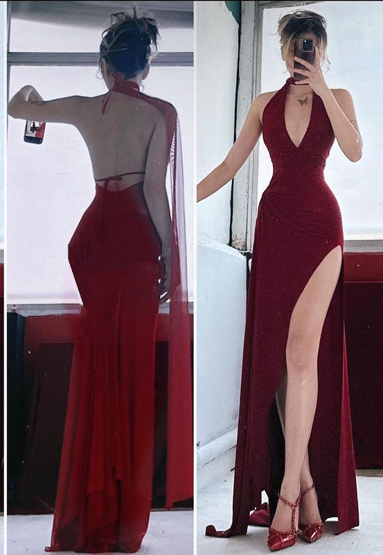 Pretty Mermaid V Neckline Red Chiffon Backless Long Prom Dresses Party Dress