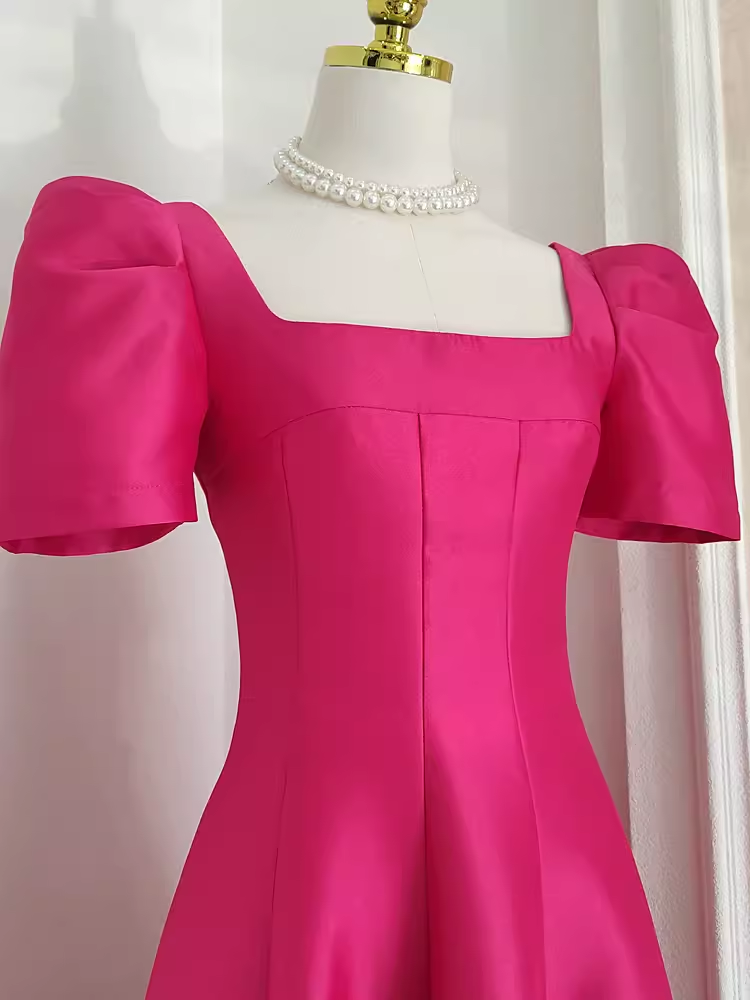 Cute A line Square Neckline Hot Pink Vacation Dress Satin Women Dresses