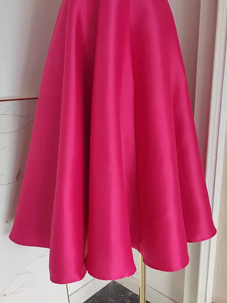 Cute A line Square Neckline Hot Pink Vacation Dress Satin Women Dresses