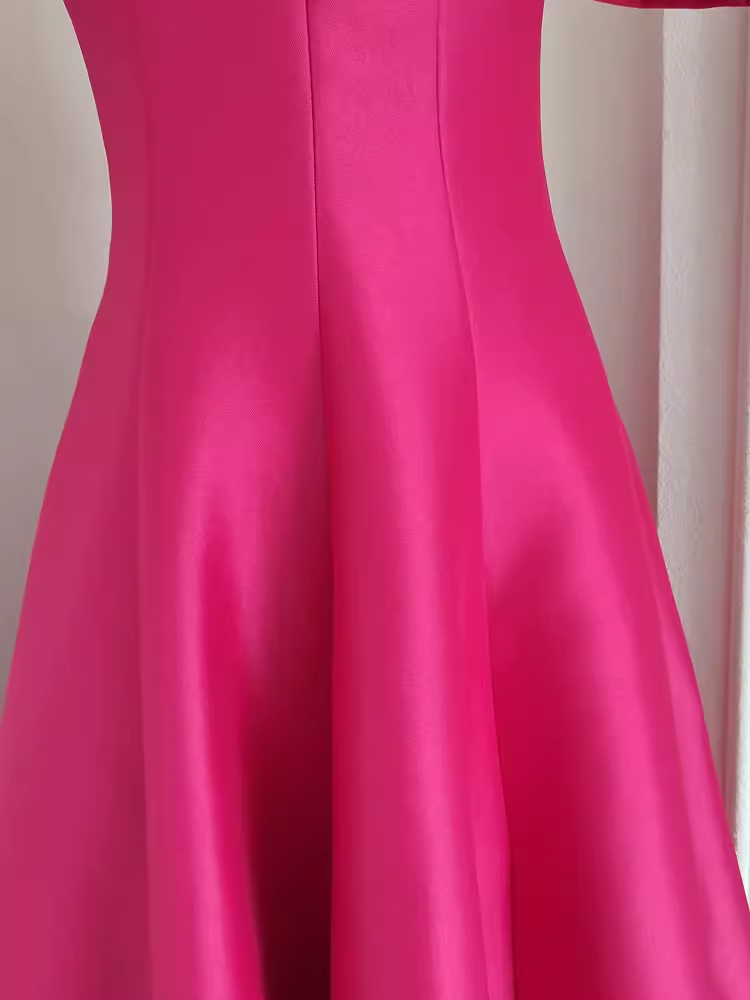 Cute A line Square Neckline Hot Pink Vacation Dress Satin Women Dresses