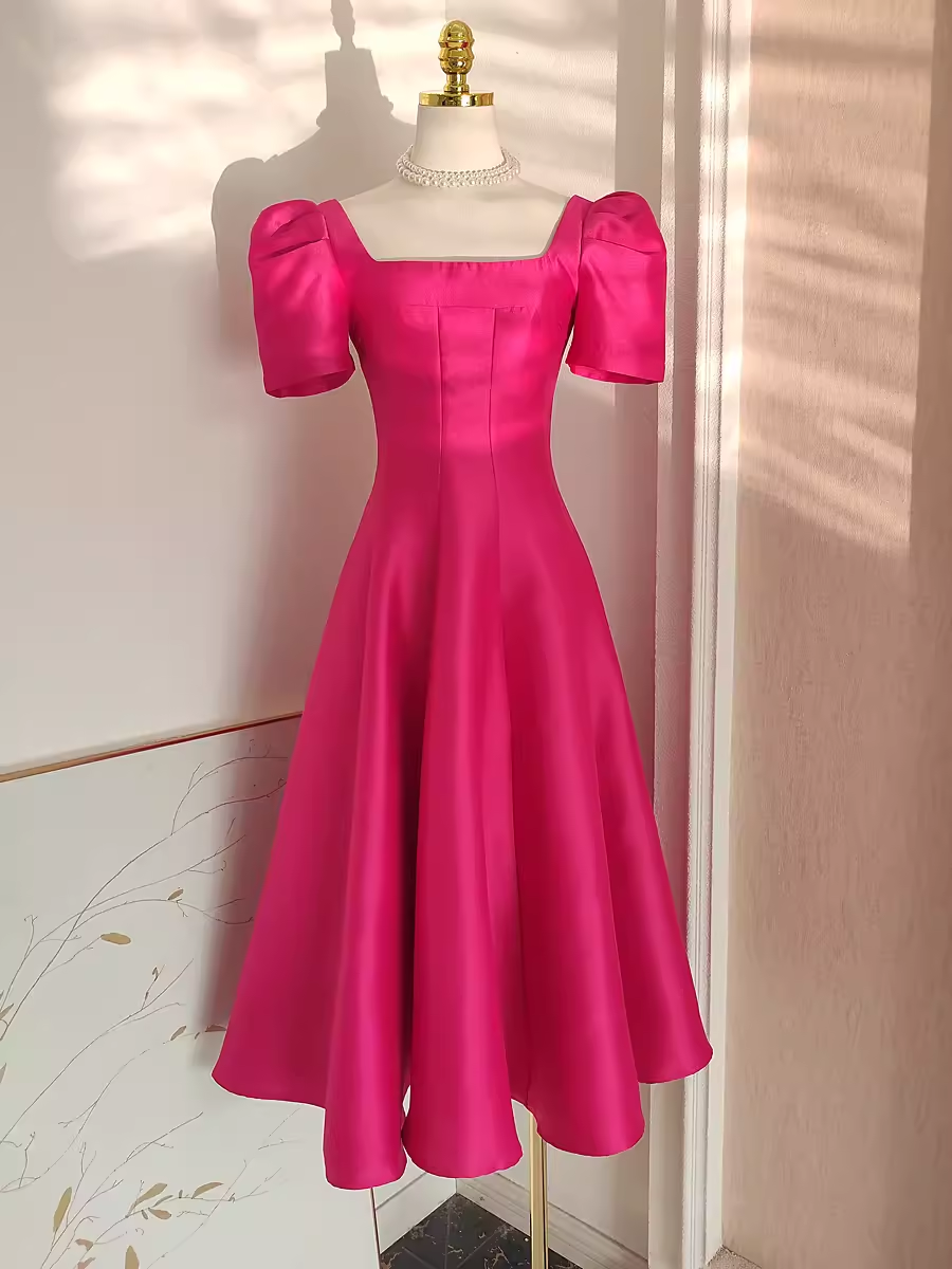 Cute A line Square Neckline Hot Pink Vacation Dress Satin Women Dresses