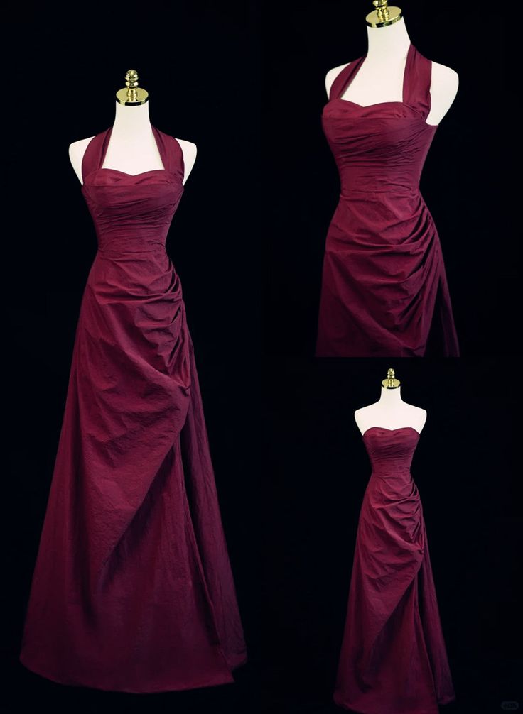 Burgundy A-line Halter Vintage Style Prom Dresses Long Evening Dress