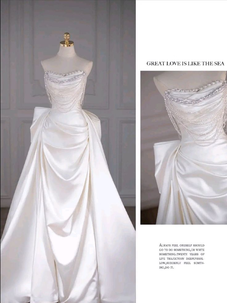 Unique Mermaid White Satin Strapless Pleats Long Satin Wedding Dress