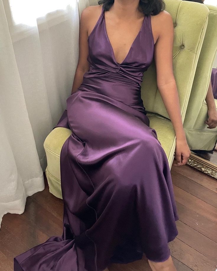 Simple A-Line V Neckline Grape Satin Long Prom Dresses Formal Evening Dress