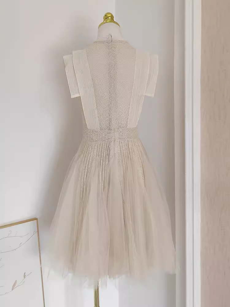 Chic A line High Neckline Lace Vacation Dress Tulle Short Women Dresses