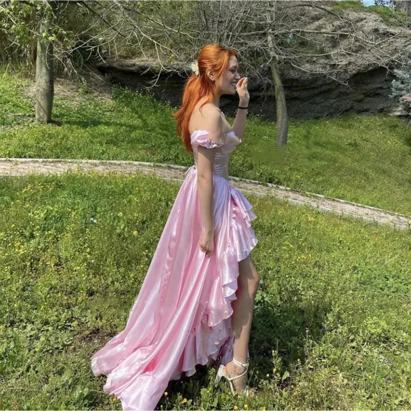 Pretty A-Line Off The Shoulder Pink Satin Long Prom Dresses Formal Evening Dress