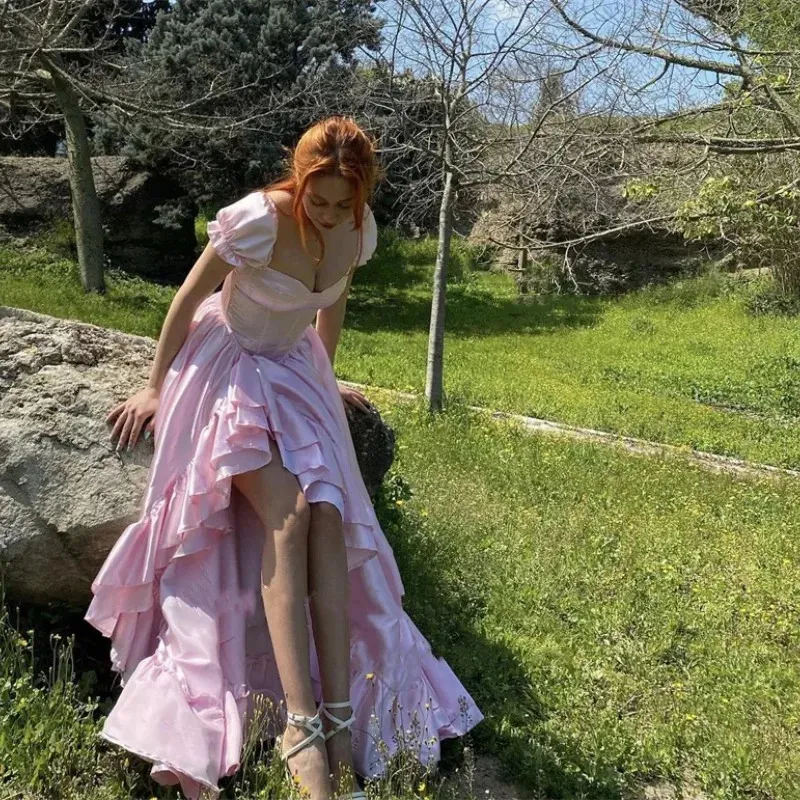 Pretty A-Line Off The Shoulder Pink Satin Long Prom Dresses Formal Evening Dress