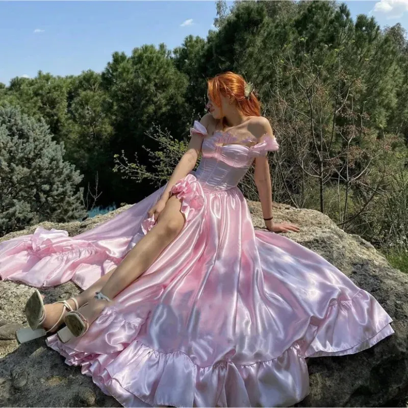 Pretty A-Line Off The Shoulder Pink Satin Long Prom Dresses Formal Evening Dress