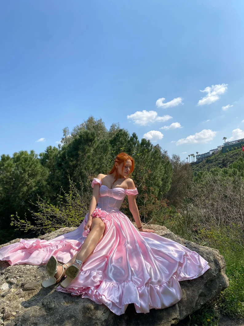 Pretty A-Line Off The Shoulder Pink Satin Long Prom Dresses Formal Evening Dress