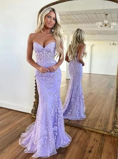Retro Mermaid Sweetheart Lilac Lace Backless Long Party Dress Prom Dresses