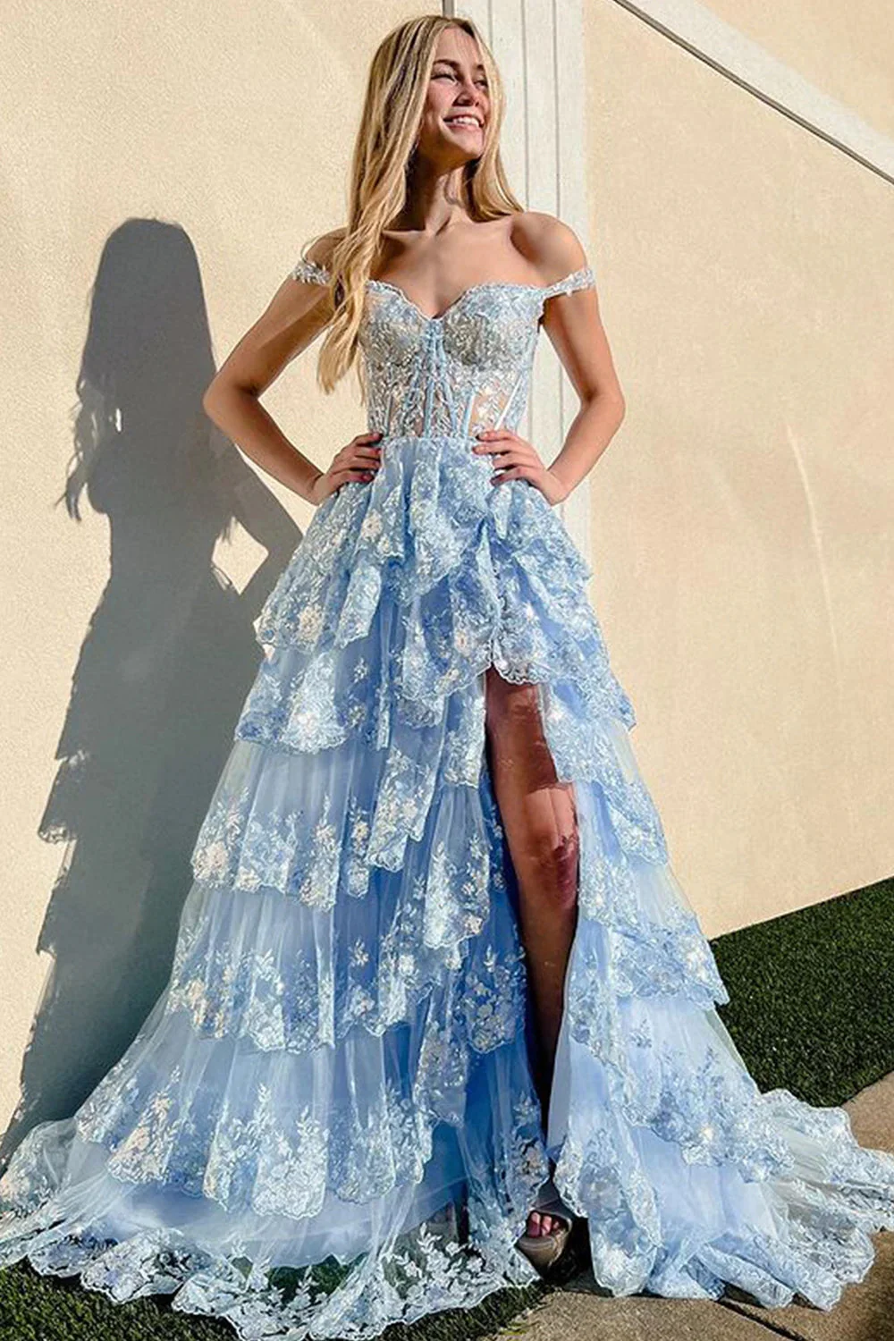 Pretty A-Line Off The Shoulder Pink Lace Slit Long Prom Dresses Formal Evening Dress